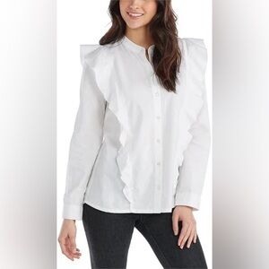 Mud Pie White Ruffle Button Up Blouse‎ Size Small NWT